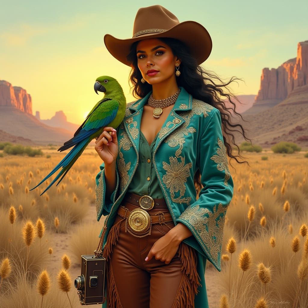 Latina Cowgirl in Turquoise Velvet Jacket, 1880s Desert Land...
