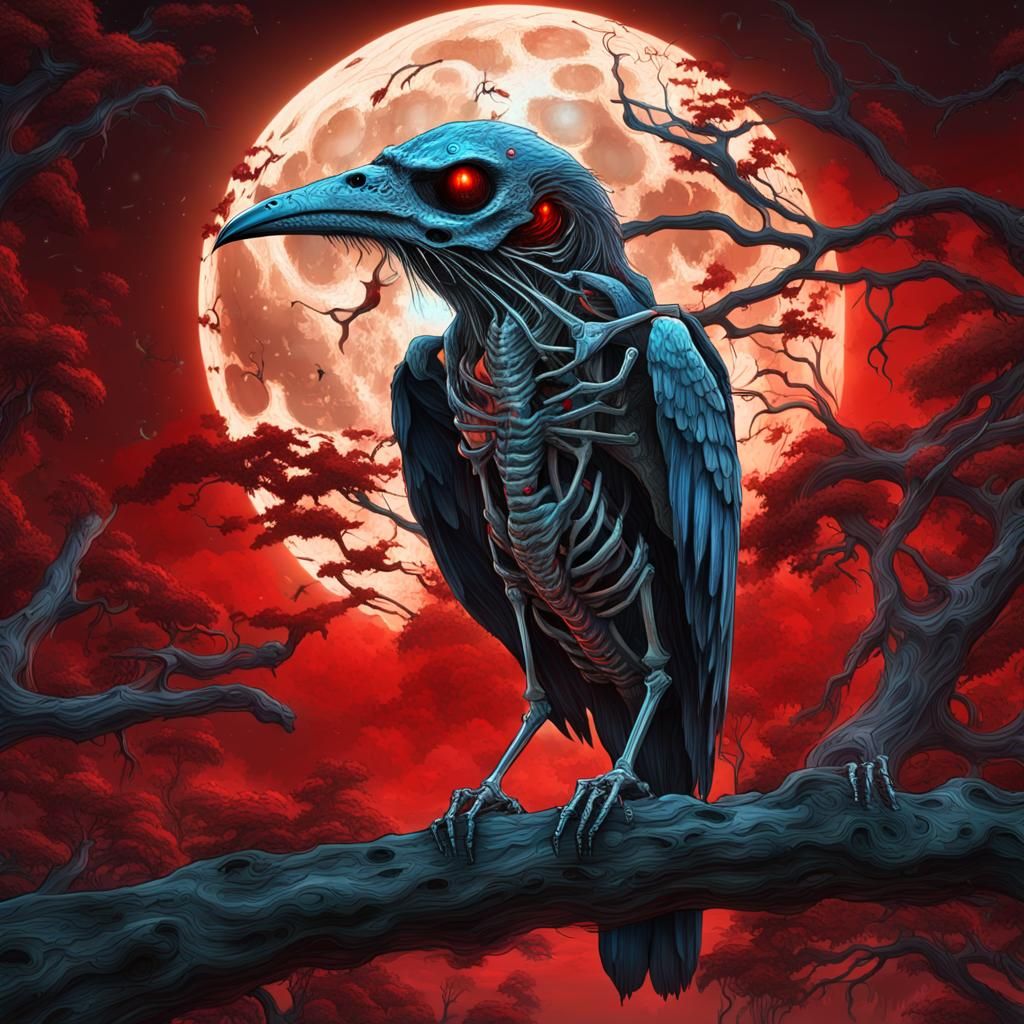 Terrifying Bioluminescent Bird Skeleton in Red Rainforest