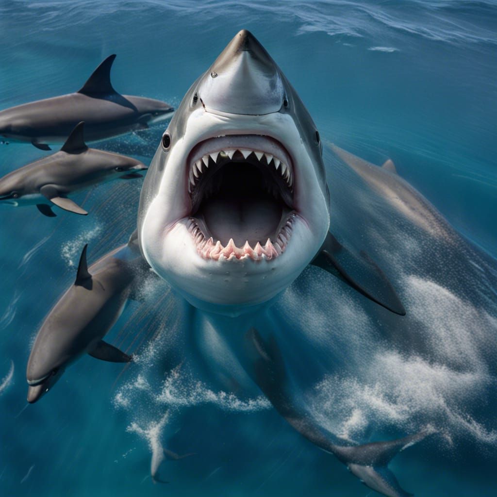 Great White Shark Surrounded by Dolphins