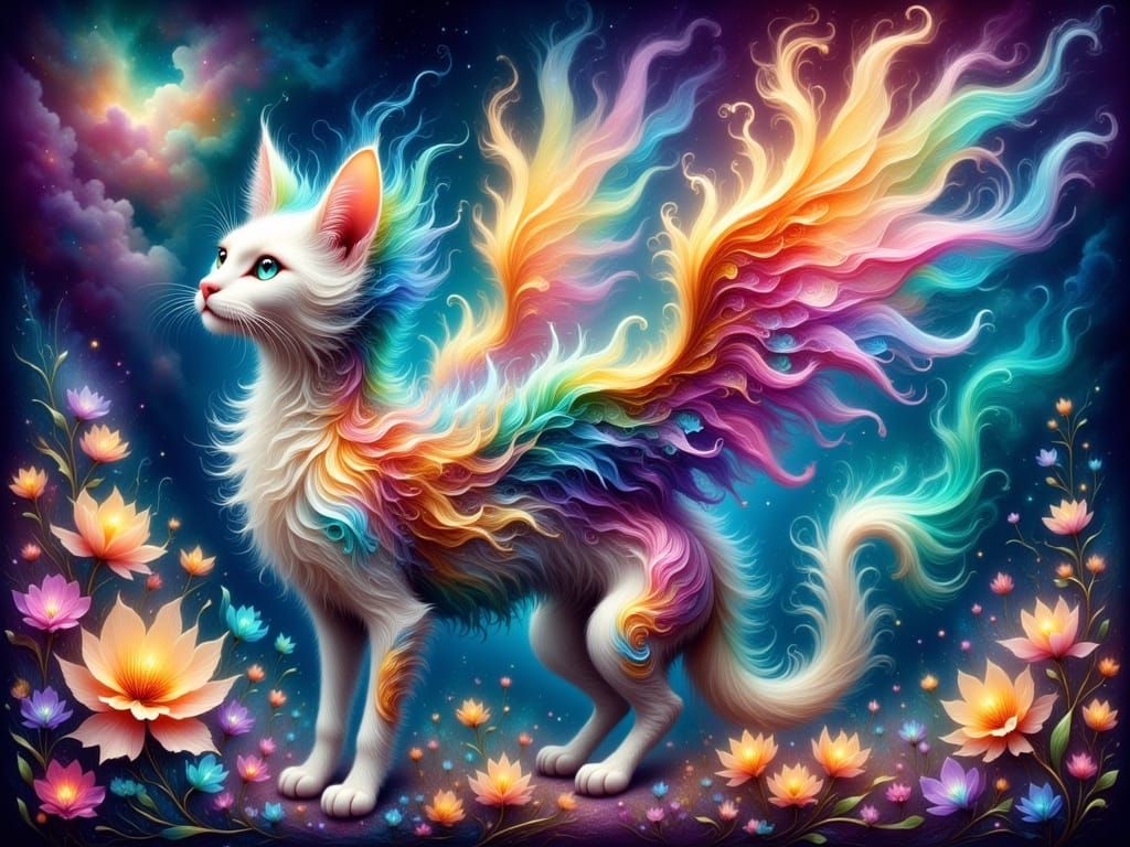 Whimsical Fantasy Cat with Wings in a Magical, Celestial Lan...
