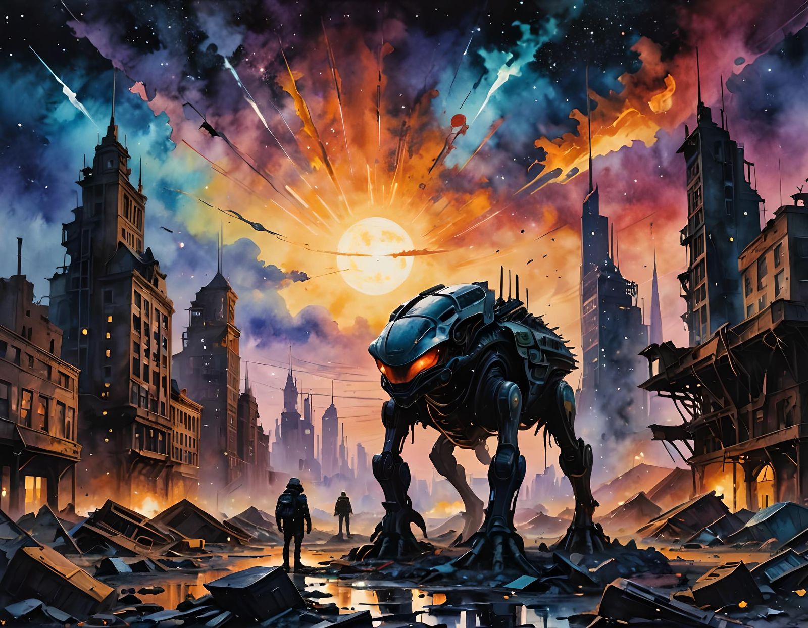 Dystopian Alien Encounter in Retro-Futuristic Cityscape