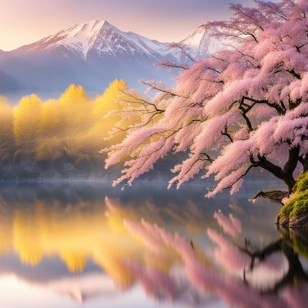Sakura and Wisteria Reflecting in Misty Lake