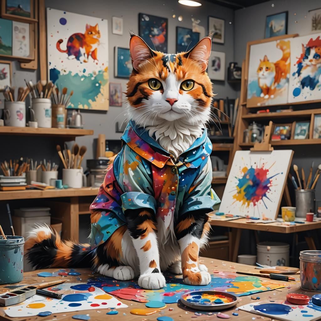 Calico Cat Painting in Art Studio, Detailed Cartoon