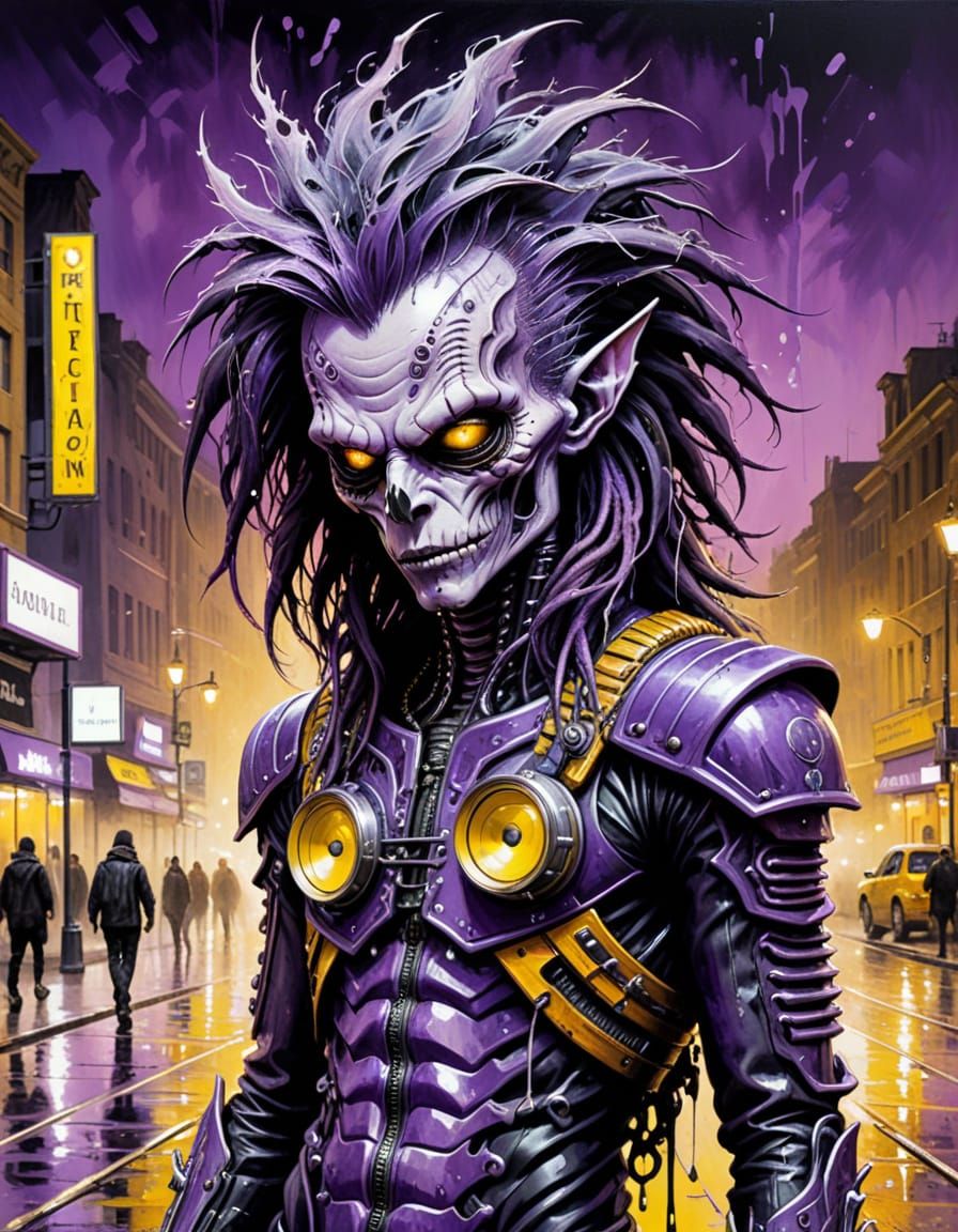 Steampunk Xenomorph Punks in Cyberpunk Cityscape