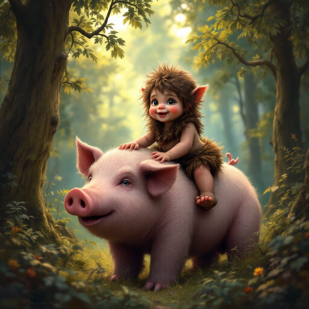 Baby bigfoot riding on a pig