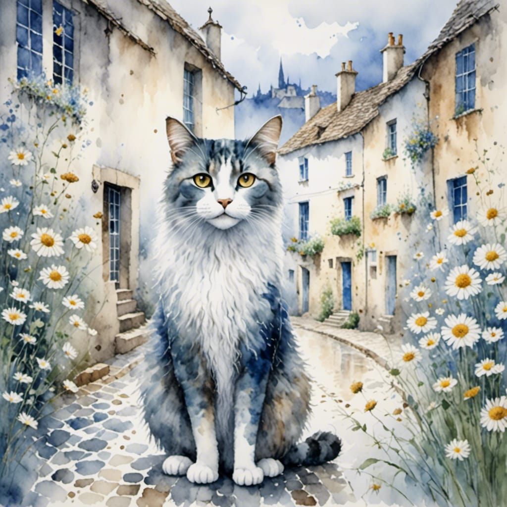 Grumpy Alley Cat with Large Eyes, Illustrative Portrait