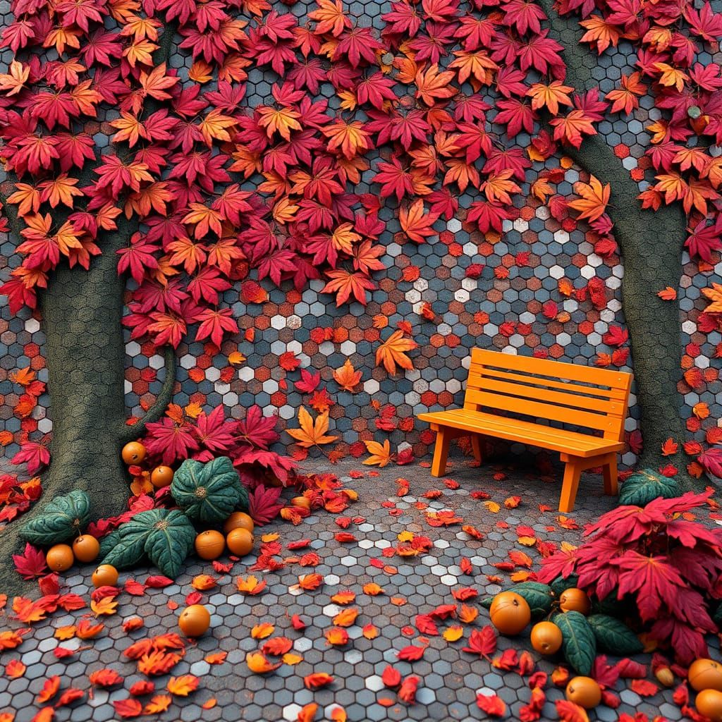 Autumnal Mosaic Landscape with Maple Leaf