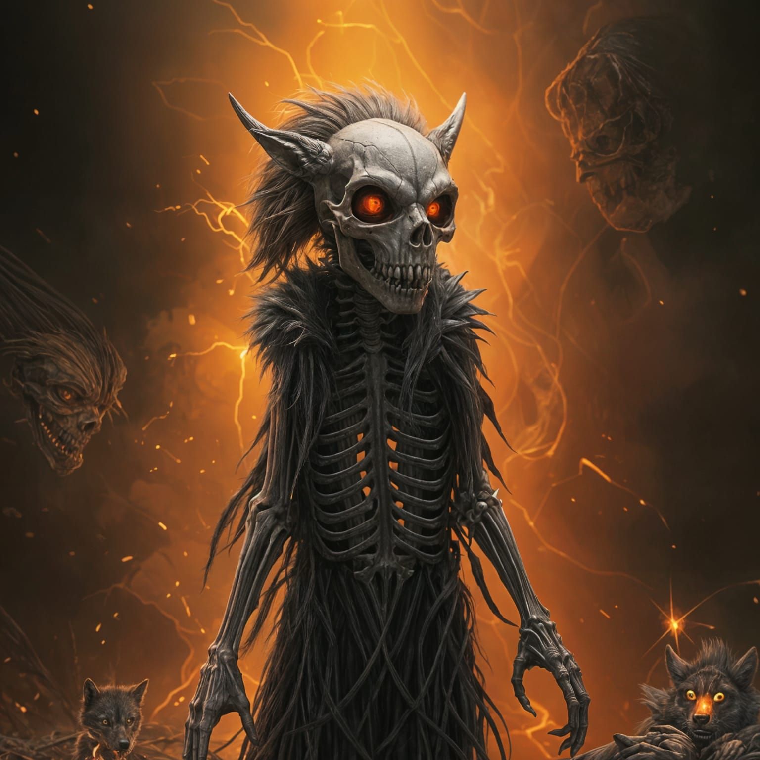 Surreal Skeletal Canine in Dark, Glowing Scene