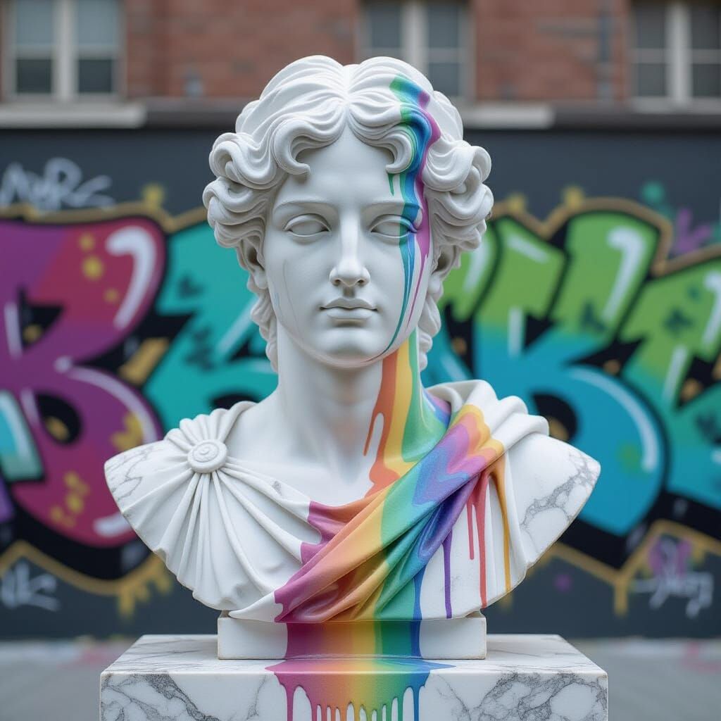 Modern Marble Statue with Vibrant Graffiti Art Style