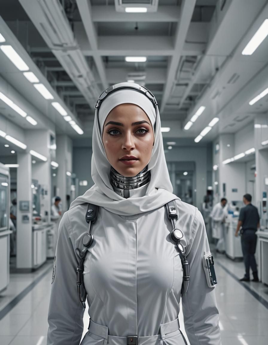 Cyborg Nurse Portrait in Futuristic Hospital