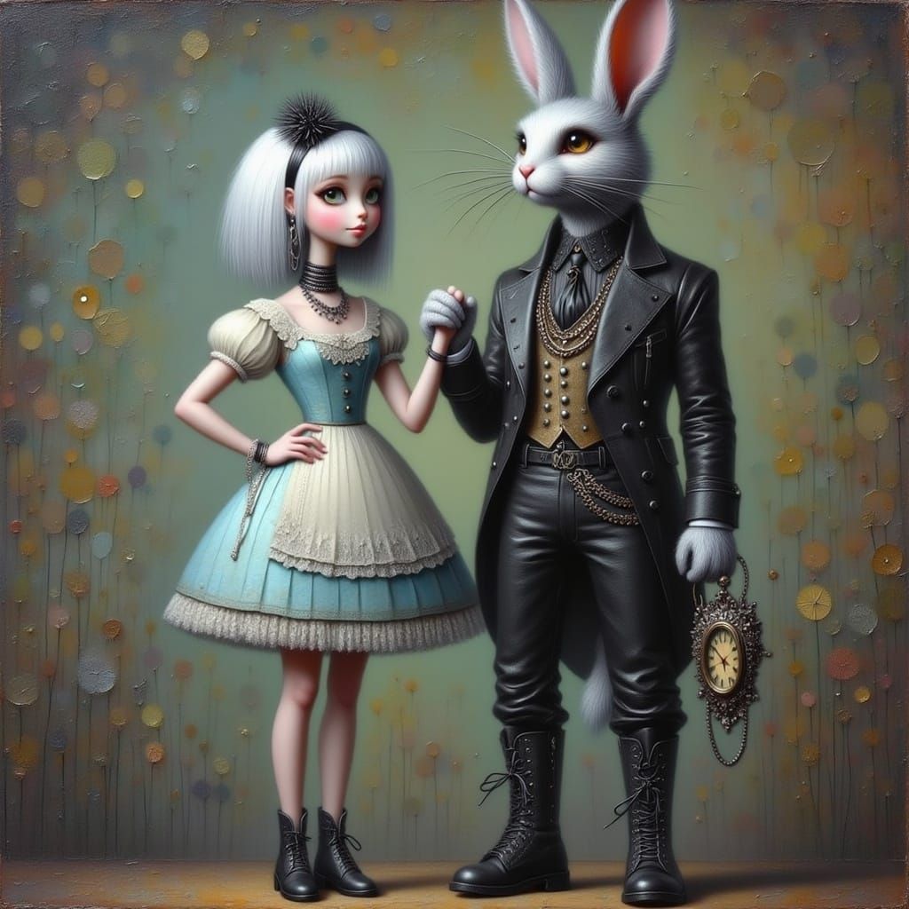 Whimsical Dark Fantasy Portrait of a Punk Rock Alice and a B...