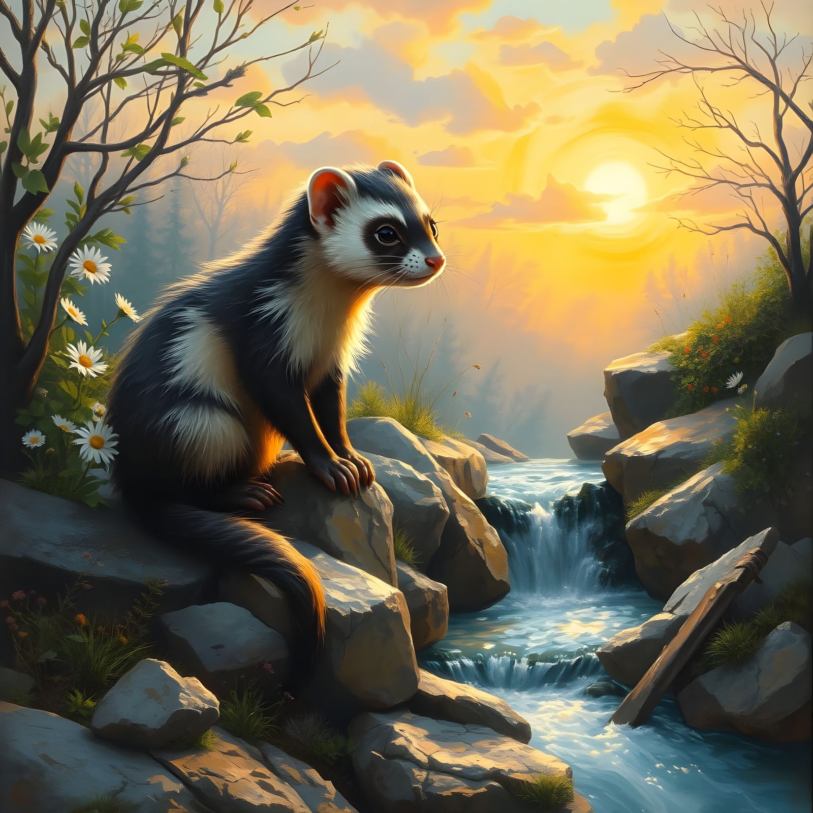 Enchanted Ferret in a Golden Hour Garden