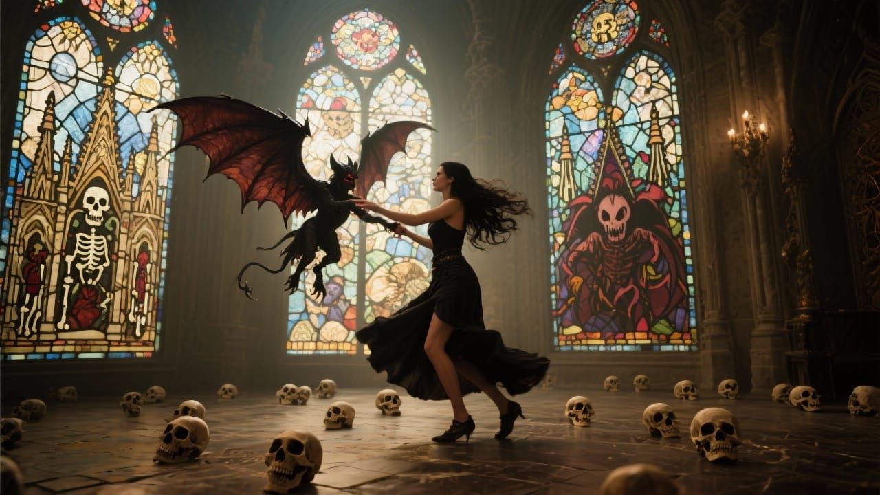 Woman Dancing With Demon in Cathedral Stained Glass