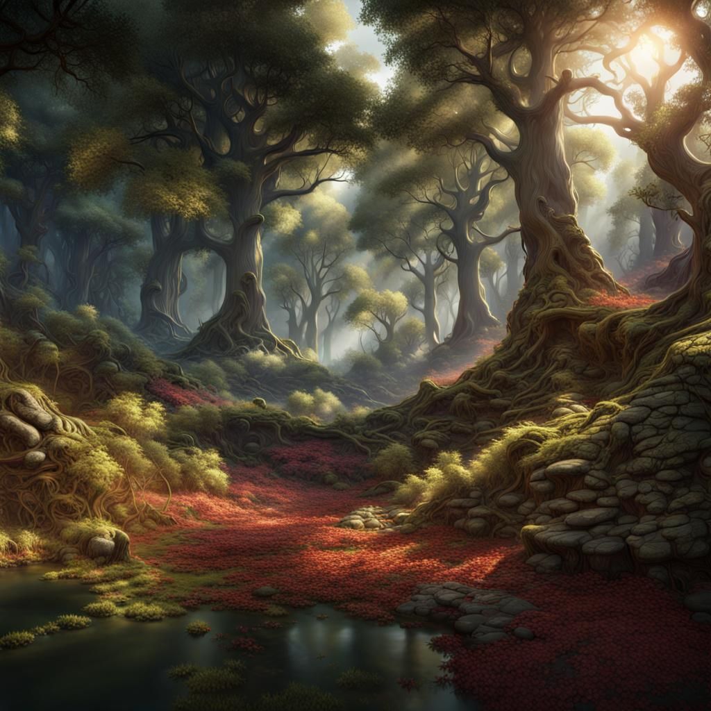 Sunlit Forest Clearing: Detailed Matte Painting in Fantasy A...