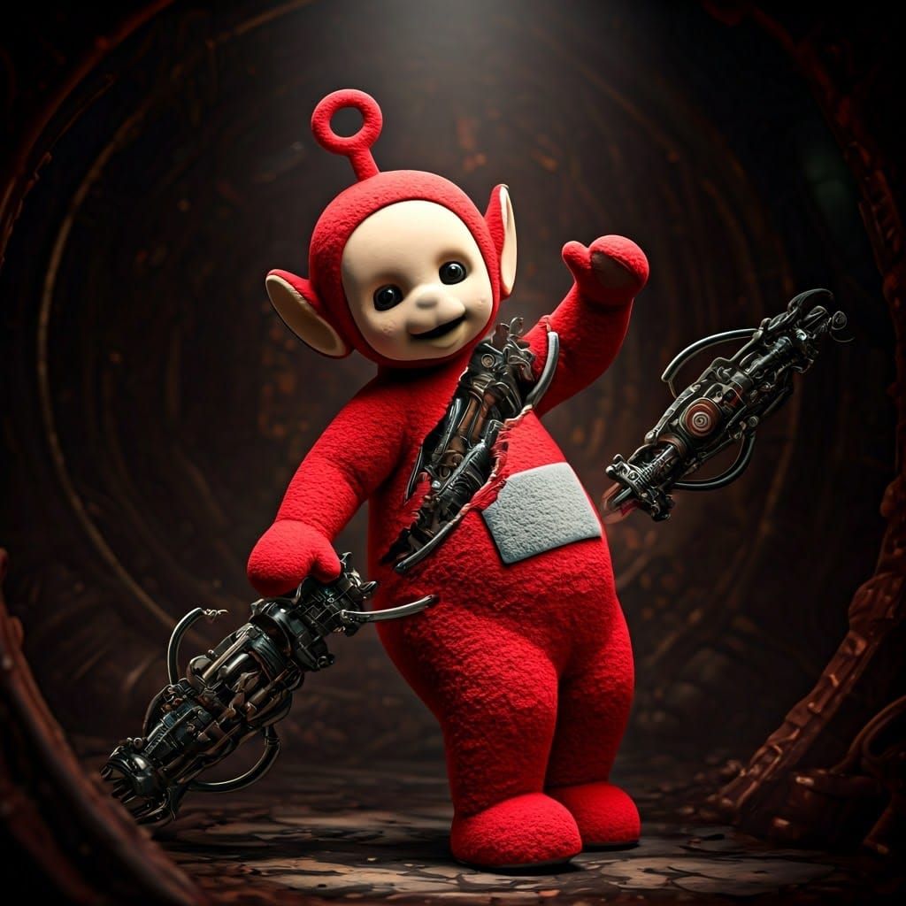 Brutal Red Teletubby Scene in Cyberpunk Style