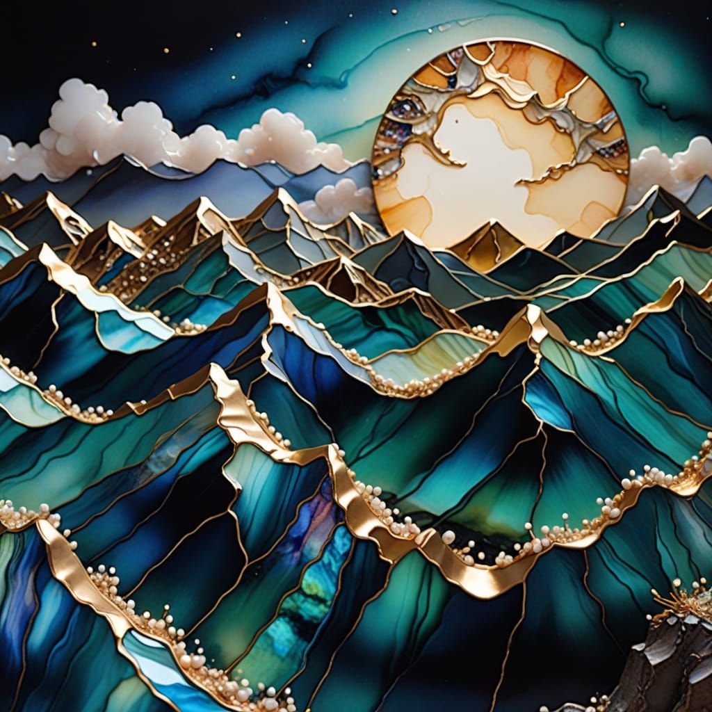 Moonlit Mountain Ridge in 3D Alcohol Ink Glass