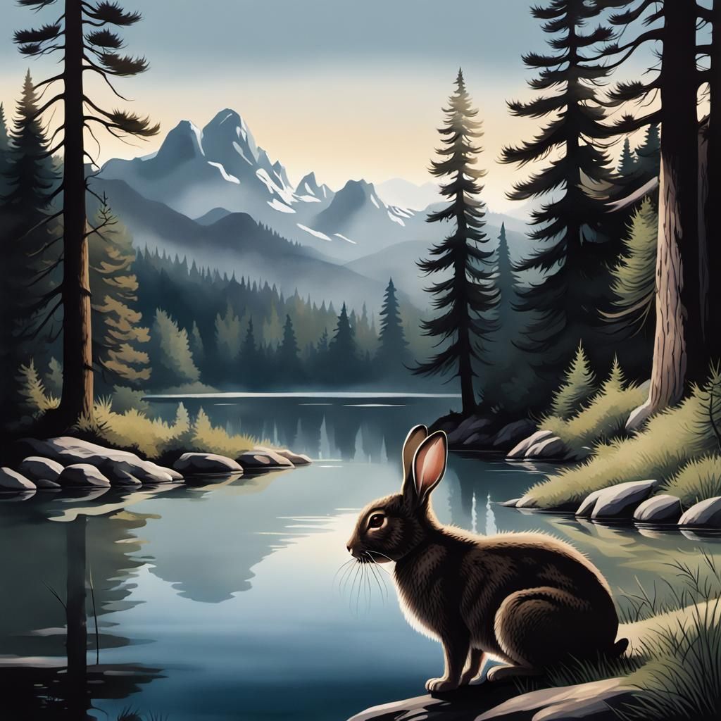 Rabbit Silhouette Reveals Serene Mountain Landscape