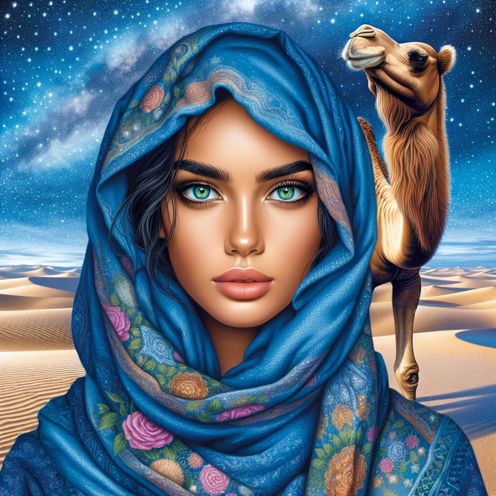 Desert Woman and Camel Under Starry Night Sky