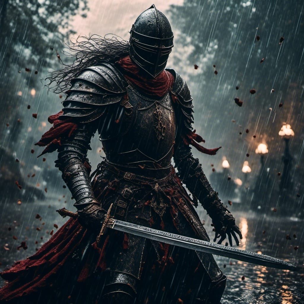 Knight Silhouetted Training in the Rain