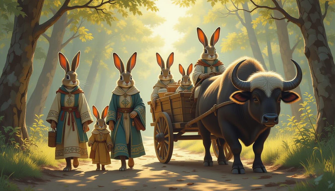 Hare Family Journey Through Sunlit Forest