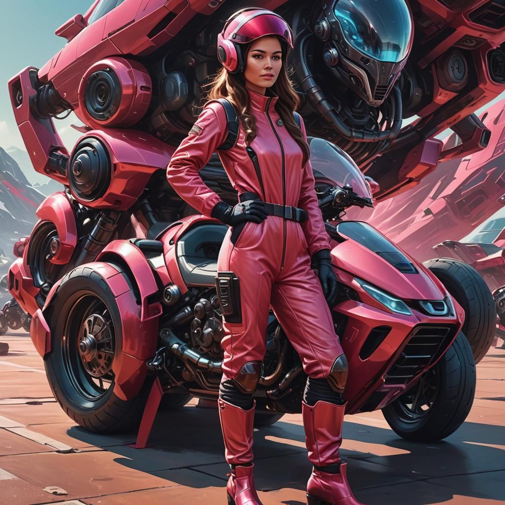 Woman with Hover Bike in Vibrant Sci-Fi Style