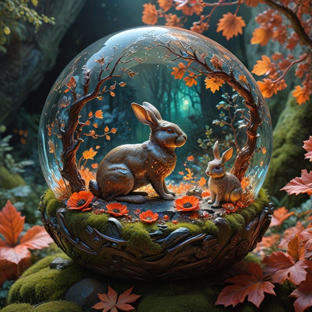 Crystal Rabbit in Autumn Forest with Aurora Borealis
