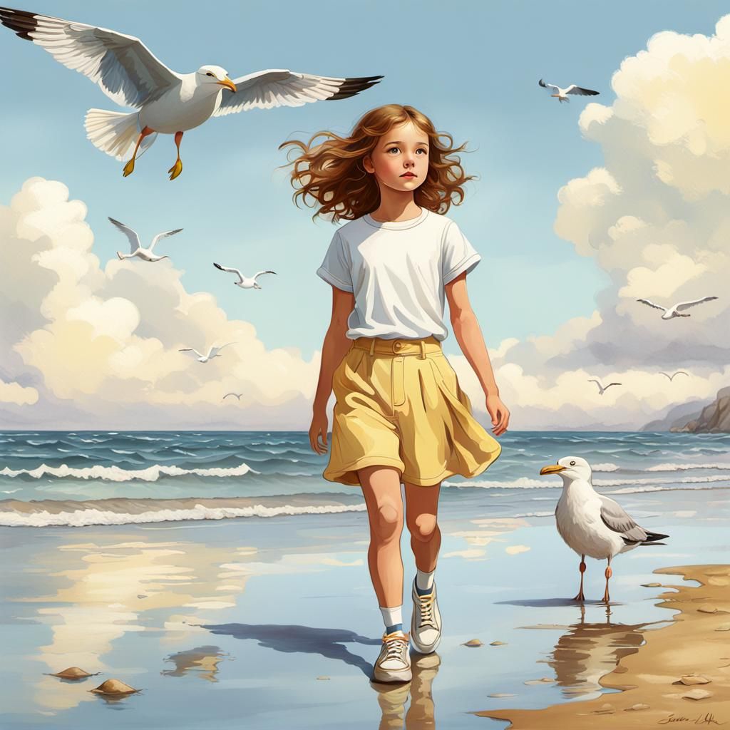 Art Nouveau Girl on Beach: Hyperrealistic Digital Painting