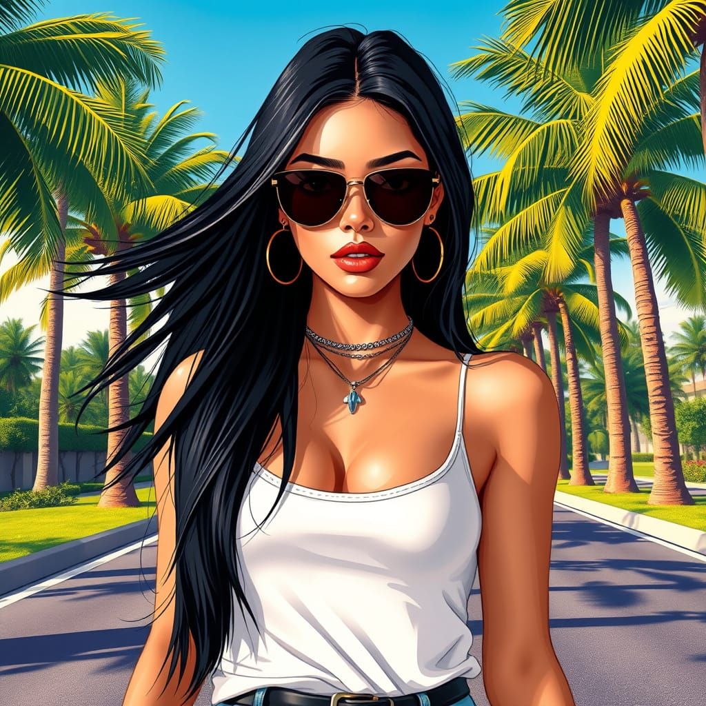 A Young Woman in Sunglasses Stands Confidently on a Palm Tre...