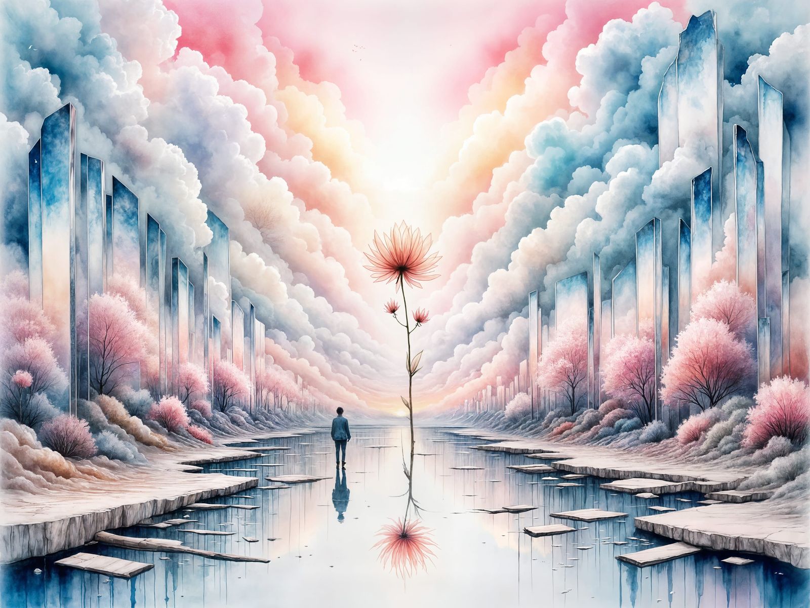Surreal Mirror Landscape with Blooming Flower