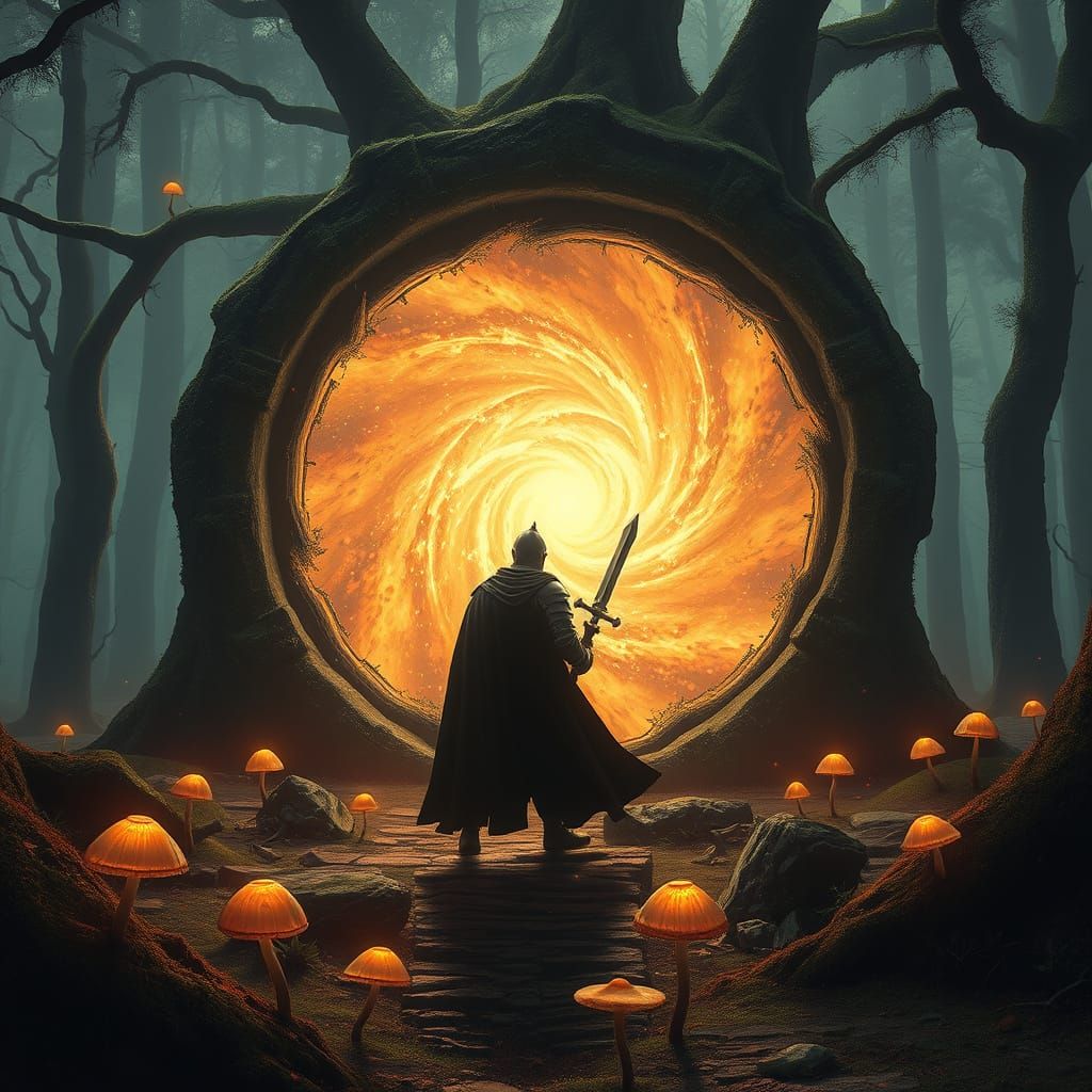 Knight Silhouetted Against Cosmic Portal in Ancient Forest