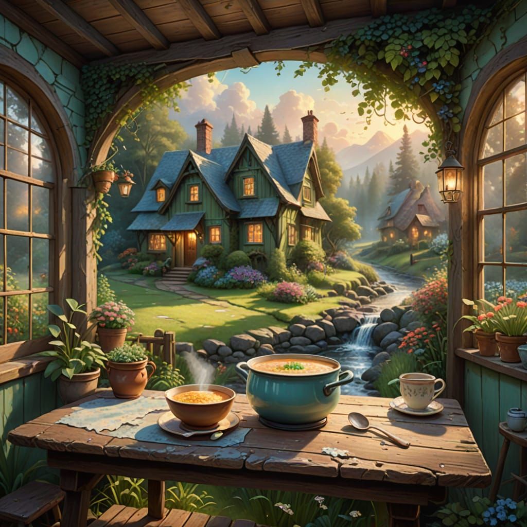 Enchanted Cottage Scene in Whimsical Oil Painting Style
