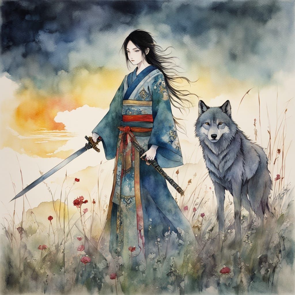 Japanese Warrior Princess at Dawn in Minimalist Watercolours