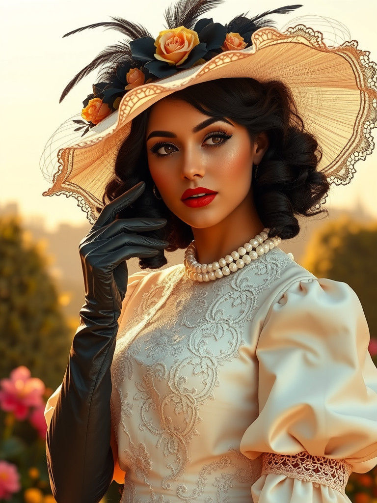 Elegant Woman in Edwardian Dress with Black Gloves