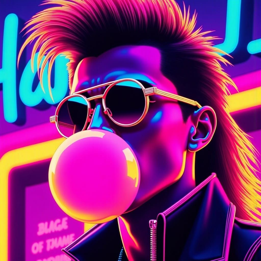 Person with Mullet and Neon Reflections in Synthwave Style