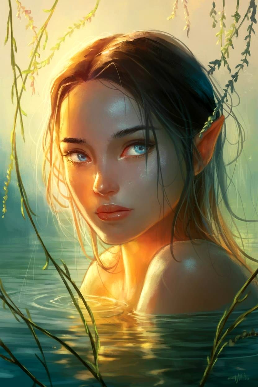 Serene Nymph in Enchanted Lake Landscape