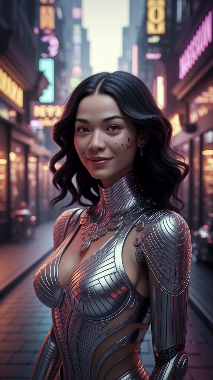 Hybrid Woman in Cyberpunk Cityscape, Art Nouveau Style