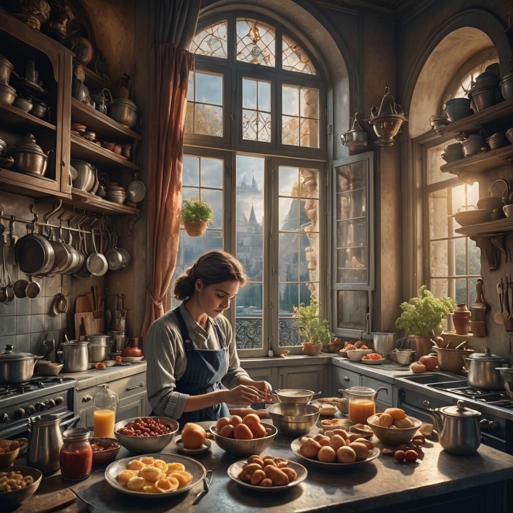 Vintage French Kitchen Scene: Woman Preparing Breakfast