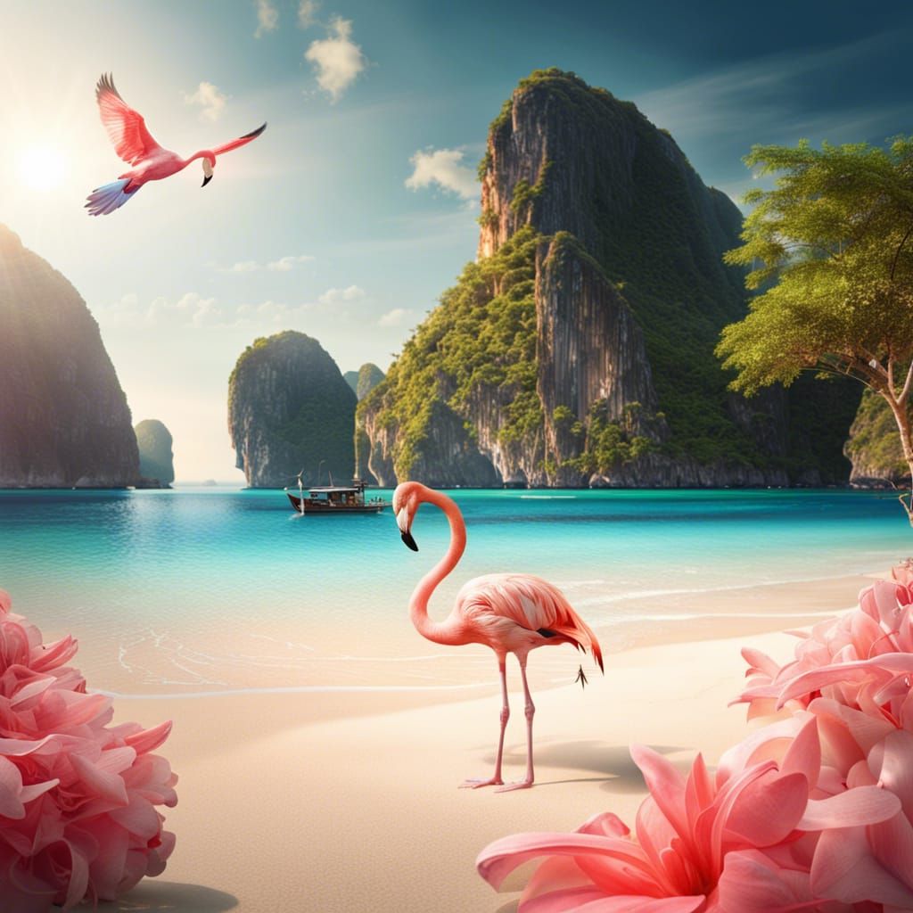 Tropical Beach Scene with Flamingo and Dolphins