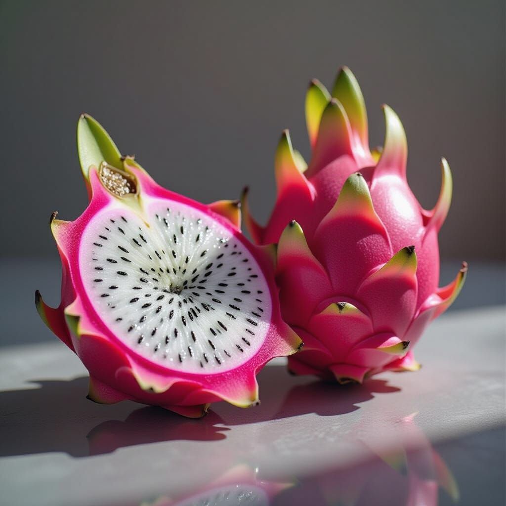 Vibrant Pink Dragon Fruit Halved, Hyper-Realistic Detail
