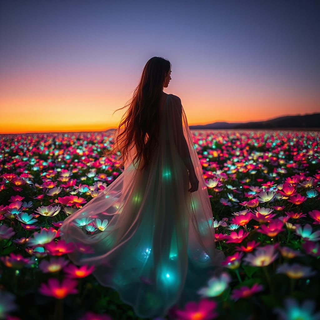 Woman in Bioluminescent Field at Twilight
