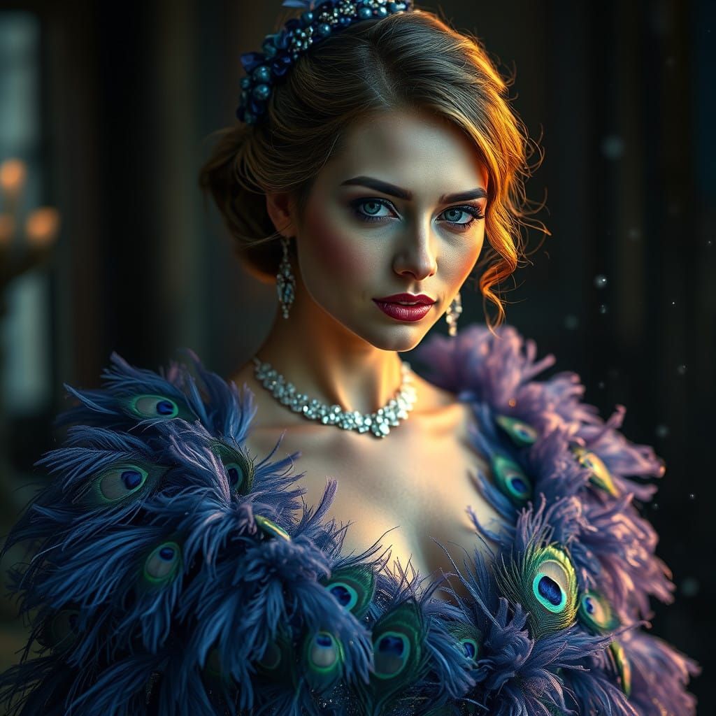 Elegant Peacock Lady in Vibrant Blue