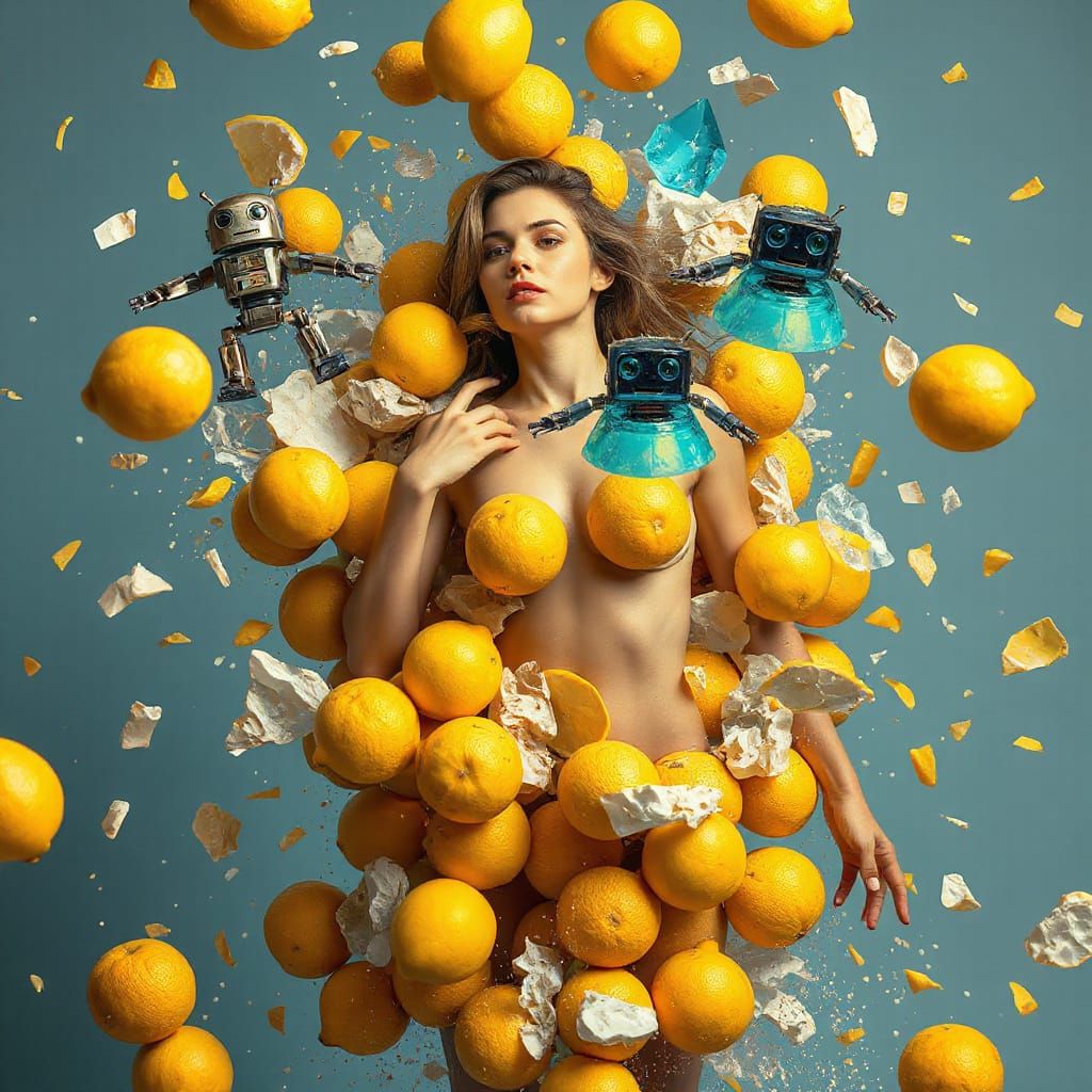 Surreal Fruit Explosion Goddess in Glitch Art
