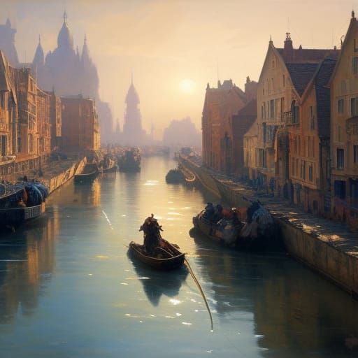 Majestic Canal City at Dawn: An Oil Painting