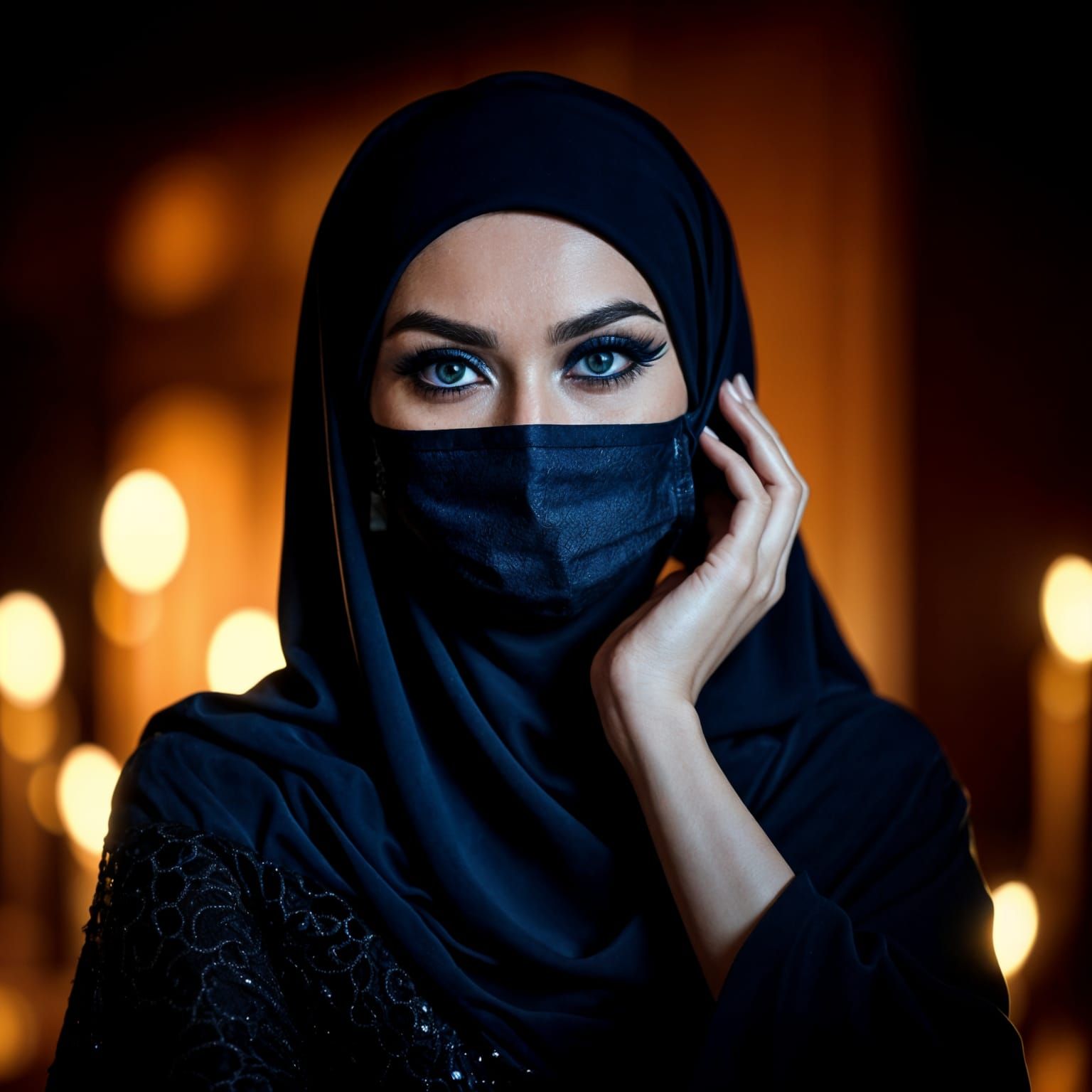 Elegant Woman in Dark Blue Niqab with Bokeh Effect