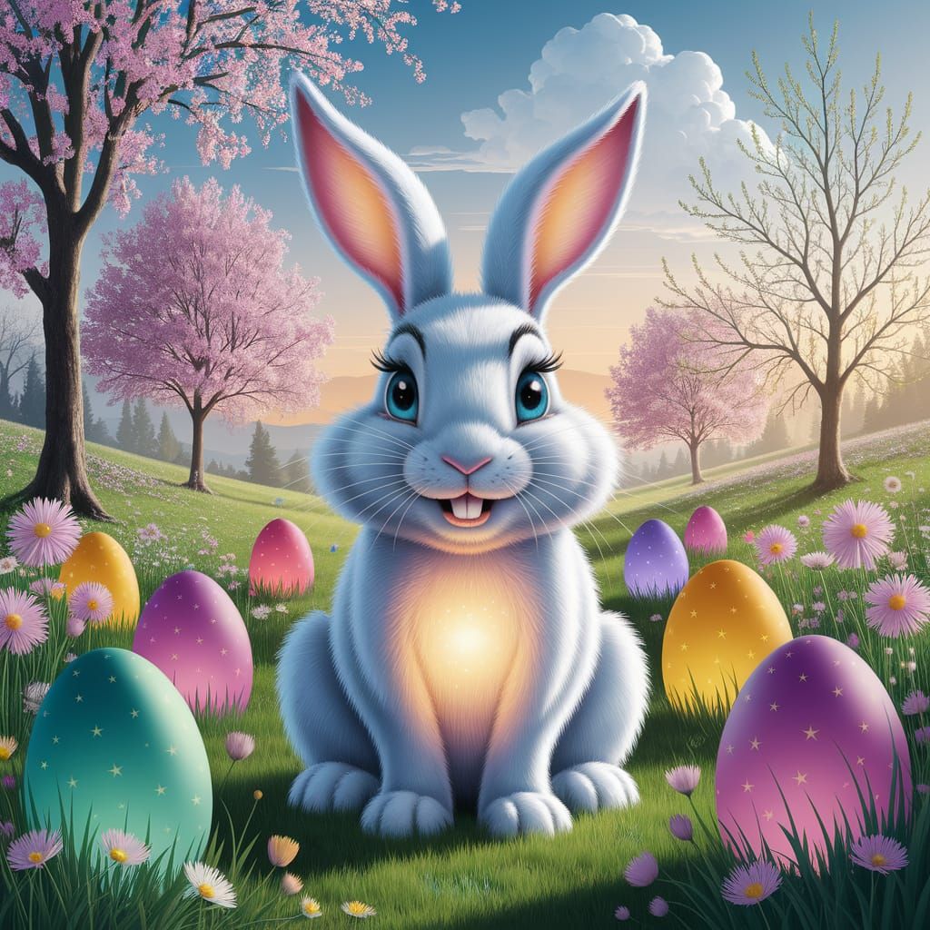 Fantasy Easter Bunny Surrounded by Glowing Eggs in Blooming ...