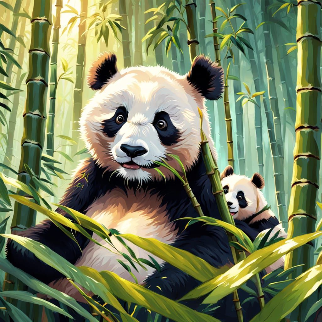 Pandas Eating Sugar Cane in Forest, Digital Painting