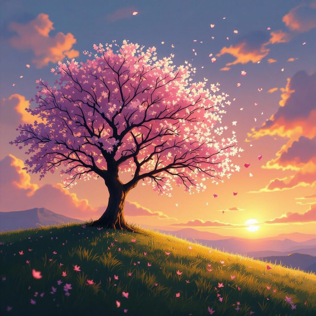 Lone Sakura Tree Blooms at Golden Sunrise