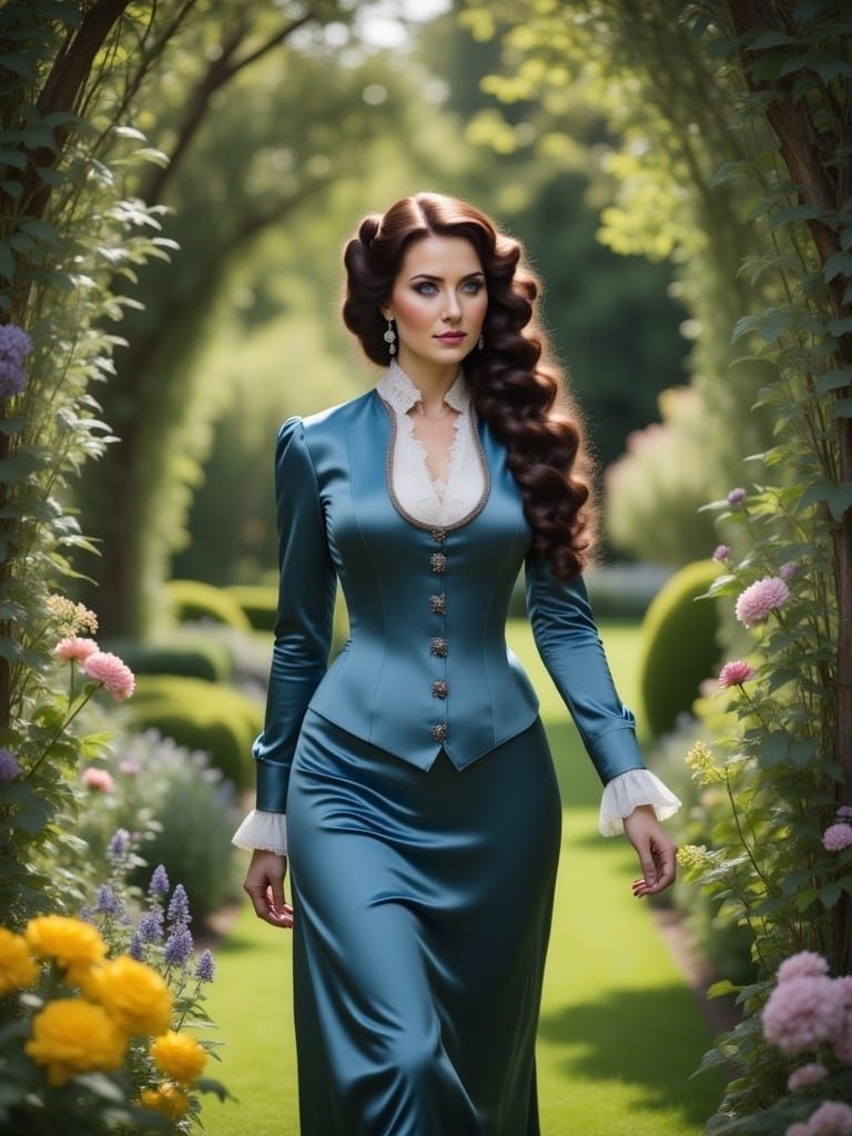 Victorian Lady Strolls through Elegant Garden