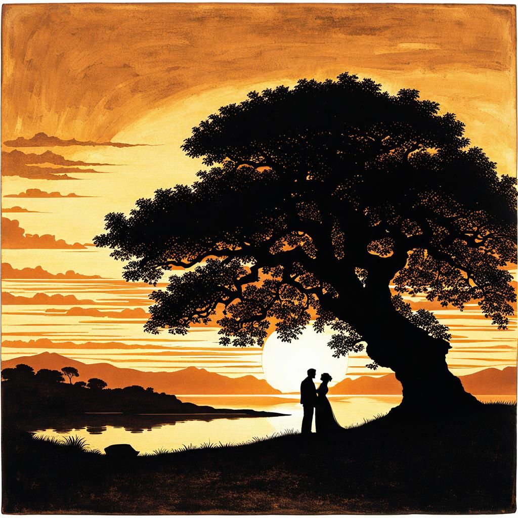 Silhouetted Couple Under Tree at Sunset