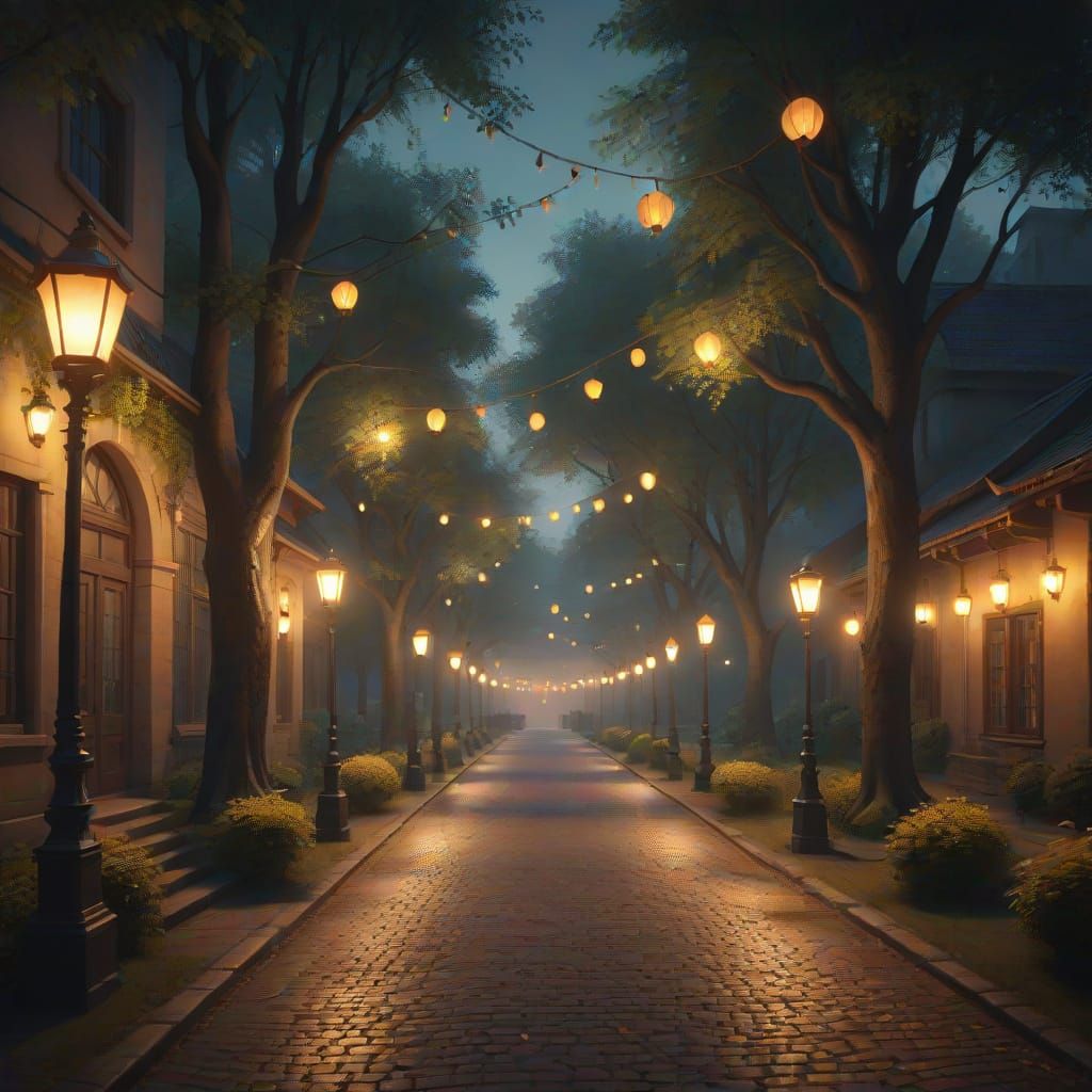 Evening Park Street Illuminated by Lanterns